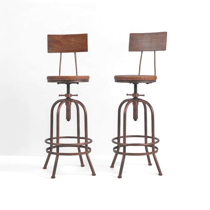 Set of 2-Industrial Bar Stools-Swivel Wooden Seat-Bar Counter Height Adjustable 26-32.2inch-Kitchen Dining Chairs