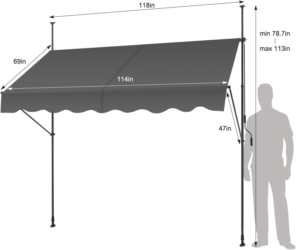 KELIXU Manual Retractable Awning, 118-Inch Adjustable Retractable Awnings for Patio Door Exterior Sunshade Shelter, Window Awning Canopy with UV Protection for Backyard, Garden, Balcony - Gray