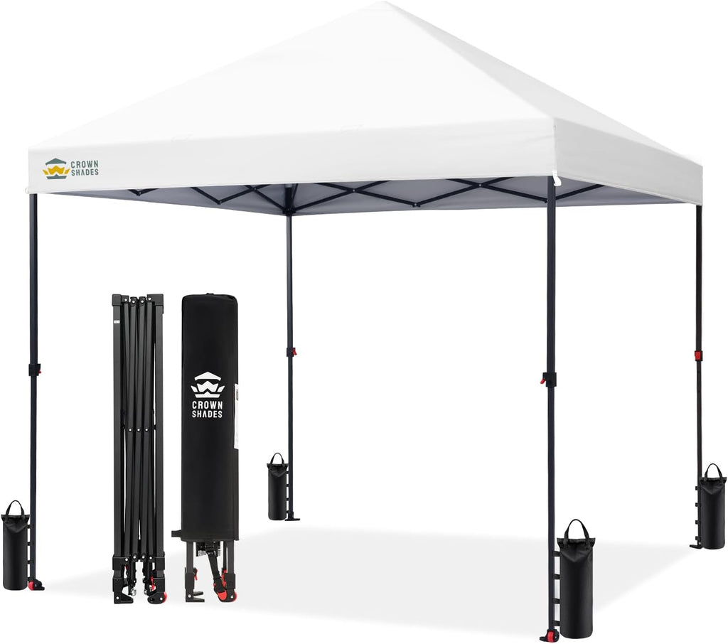 CROWN SHADES 8x8 Pop Up Canopy - Patented Center Lock One Push Instant Outdoor Canopy Beach Tent with STO-N-Go Bag 8 Stakes & 4 Sand Bags，White
