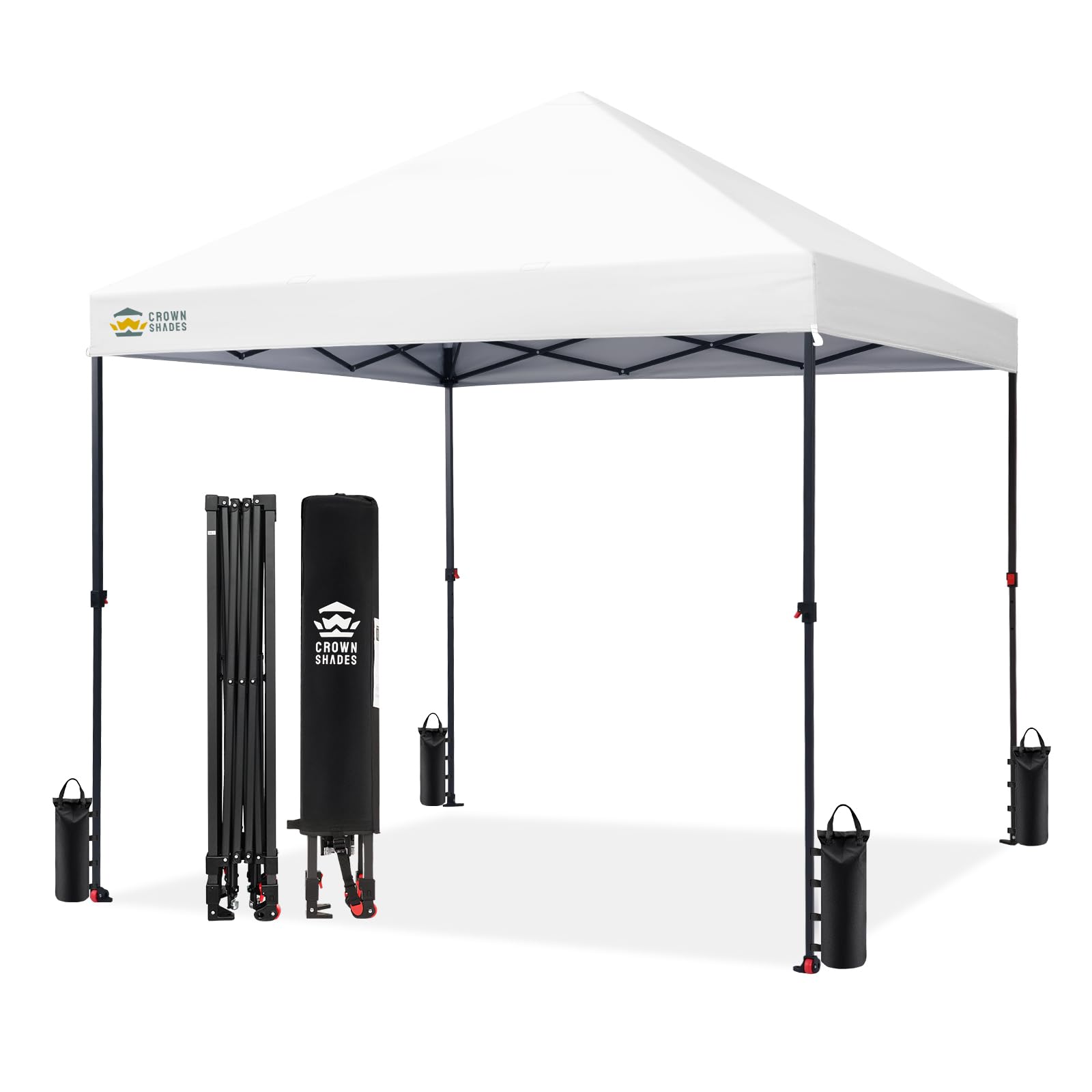 CROWN SHADES 8x8 Pop Up Canopy - Patented Center Lock One Push Instant Outdoor Canopy Beach Tent with STO-N-Go Bag 8 Stakes & 4 Sand Bags，White