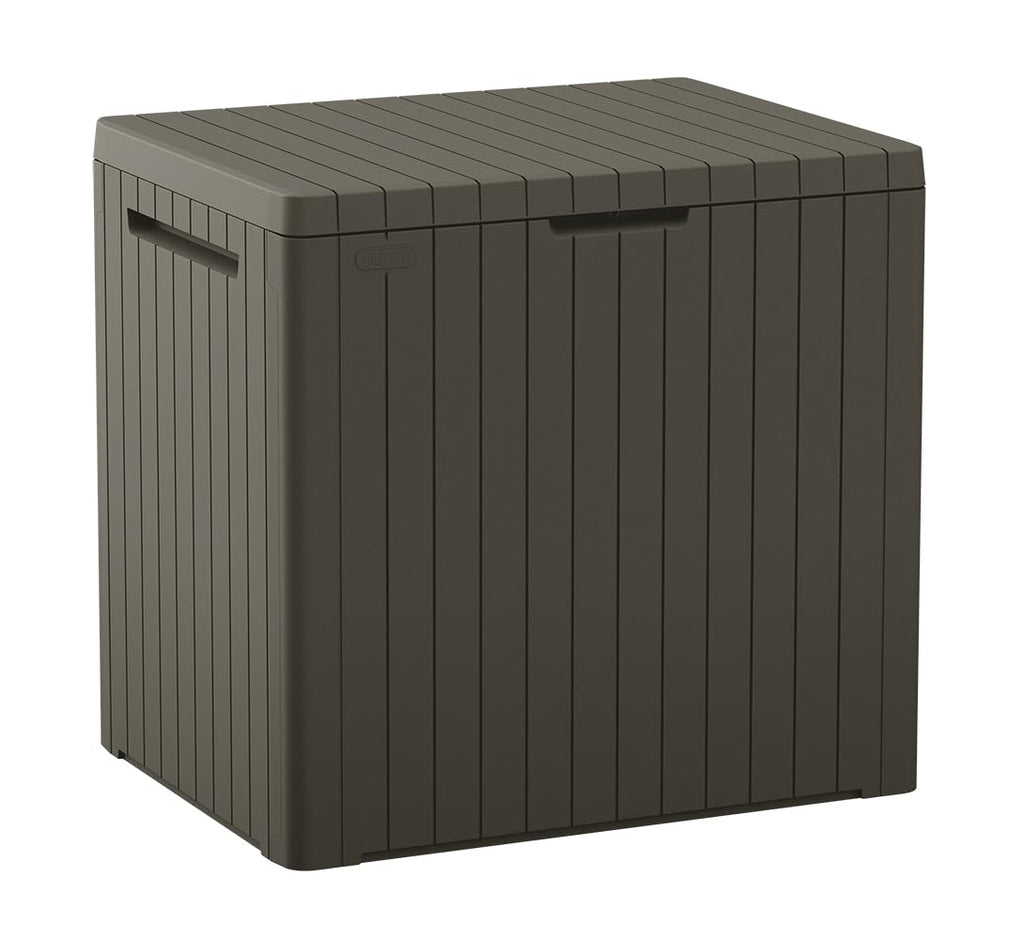Keter City 30 Gallon Resin Outdoor Storage Box and Patio Furniture Side Table for Pool and Garden Accessories, Brown