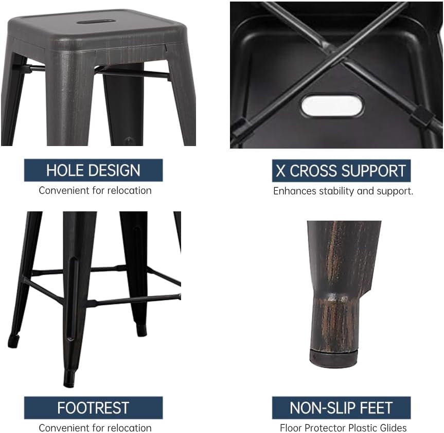 30" Metal Bar Stools Set of 2 Industrial Iron Stackable for Kitchen Indoor/Outdoor Patio Distressed Black