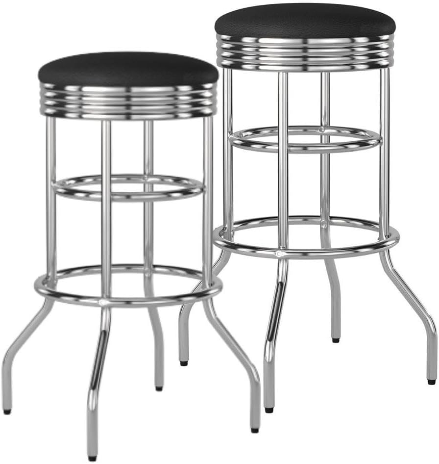 TRINITY Heavy Duty 30-Inch Backless Swivel Bar Stool for Kitchen, Garage, or Workshop, Chrome Finish with Faux Leather Seat, 2 Pack, Black