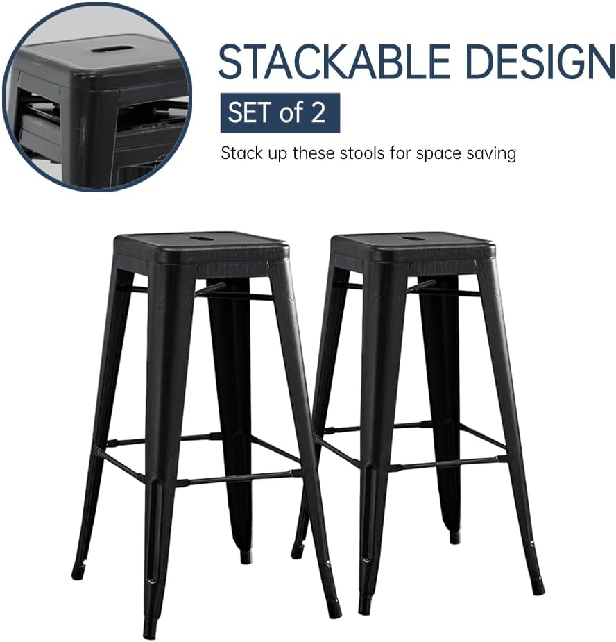 30" Metal Bar Stools Set of 2 Industrial Iron Stackable for Kitchen Indoor/Outdoor Patio Distressed Black