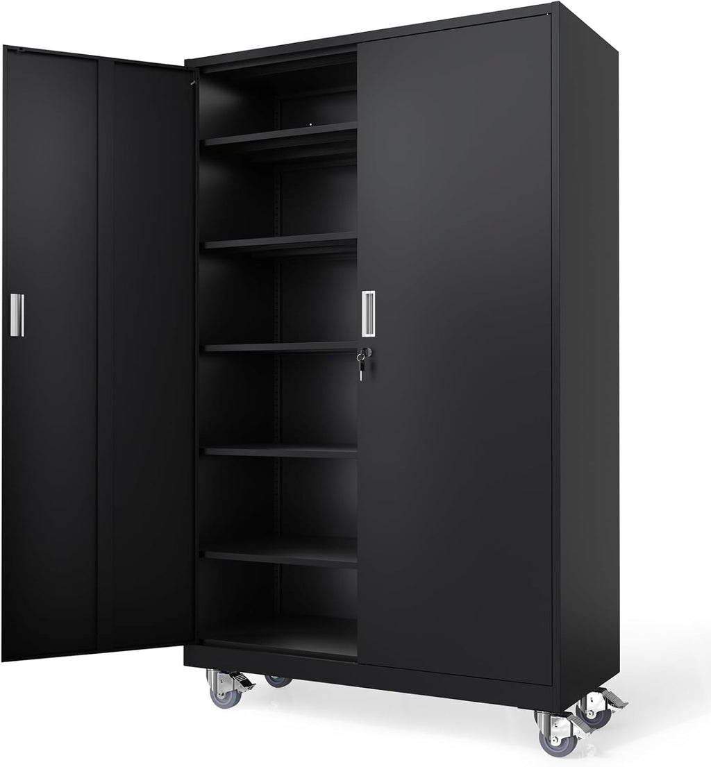 VINGLI Large Metal Storage Cabinet with 2 Doors and 5 Adjustable Shelves, Upgraded Height & Wide & Deep, 43''W x 20''D x 72''H, Oversized Garage Storage Cabinet with Wheels and Locks (Black)