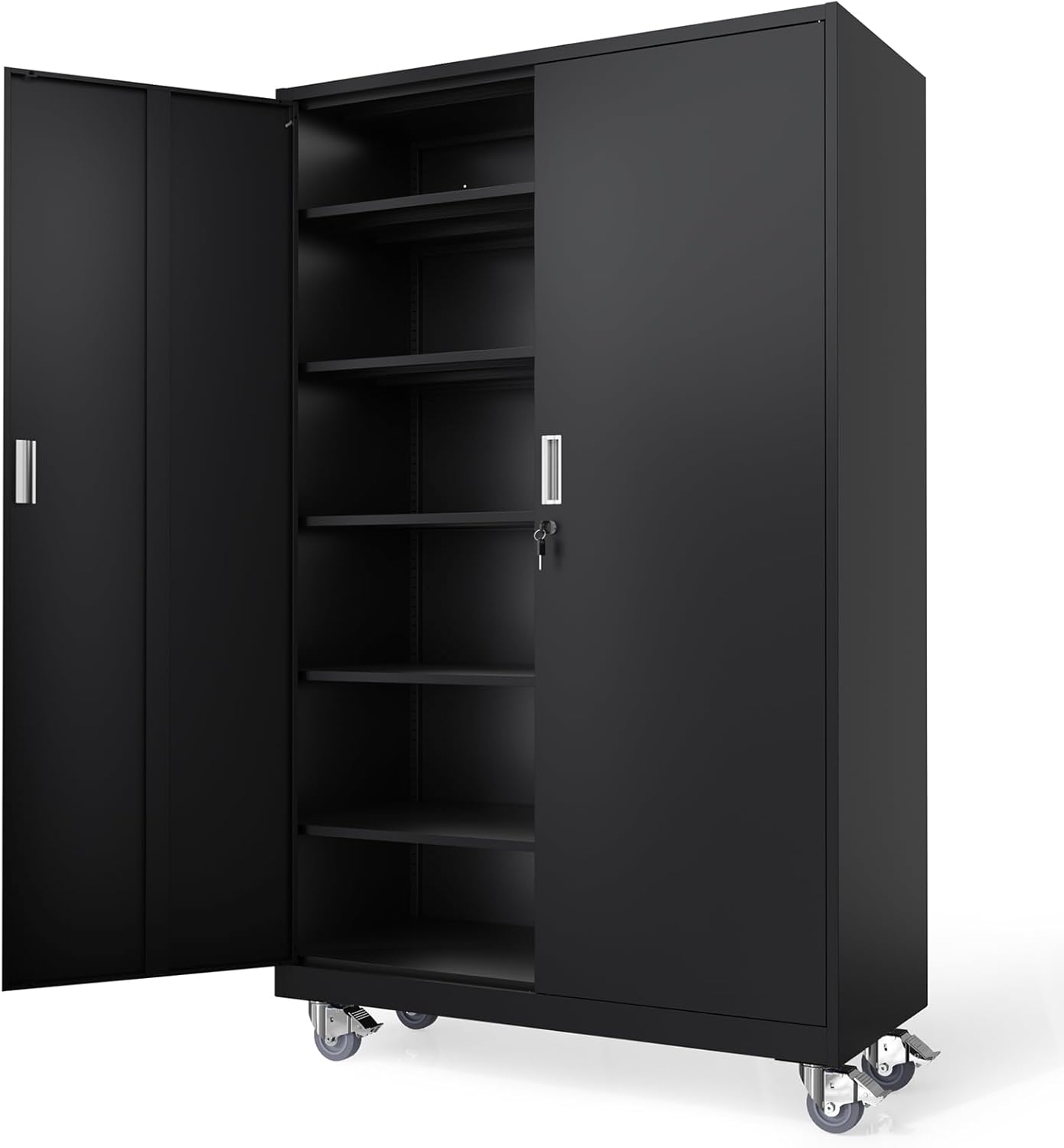 VINGLI Large Metal Storage Cabinet with 2 Doors and 5 Adjustable Shelves, Upgraded Height & Wide & Deep, 43''W x 20''D x 72''H, Oversized Garage Storage Cabinet with Wheels and Locks (Black)