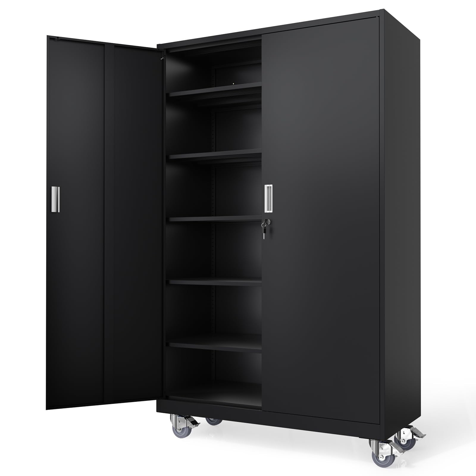 VINGLI Large Metal Storage Cabinet with 2 Doors and 5 Adjustable Shelves, Upgraded Height & Wide & Deep, 43''W x 20''D x 72''H, Oversized Garage Storage Cabinet with Wheels and Locks (Black)