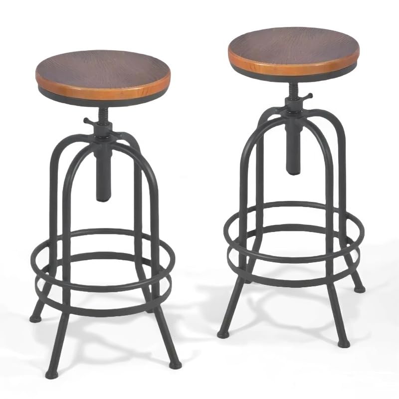Set of 2-Industrial Bar Stool-Retro 26-32.3inch Swivel Stools-Extra Tall Kitchen Chair-Bar Counter Height Adjustable-Fully Welded (Black 2PCS)