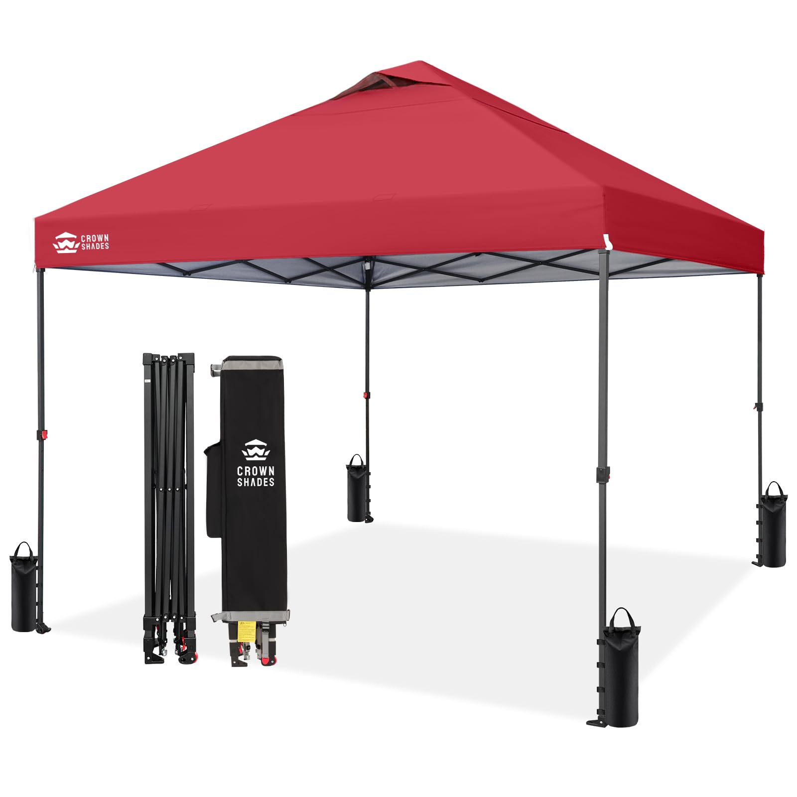 CROWN SHADES 8x8 Pop Up Canopy - Patented Center Lock One Push Instant Outdoor Canopy Beach Tent with STO-N-Go Bag 8 Stakes & 4 Sand Bags，White