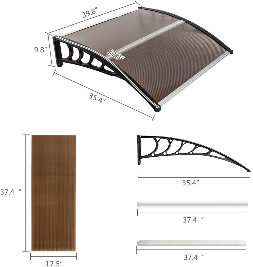 Outvita Window Awnings for Doors Canopy 40''x35.4'', Polycarbonate Cover Front Door Outdoor Patio Awning Canopy UV Rain Snow Sunlight Protection Hollow Sheet, Brown Board & Black Bracket, AL-YP-0338