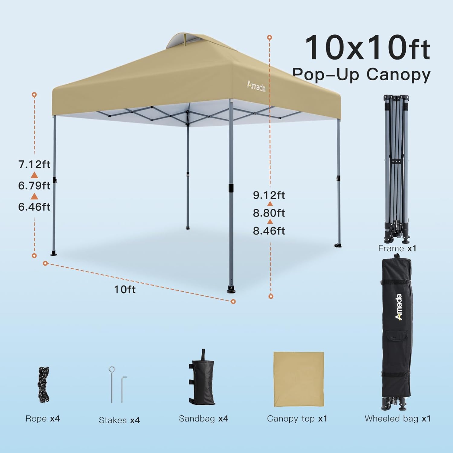 Amada 10x10 Pop Up Canopy Tent, 1-Button Push Easy-up Outdoor Canopy Beach Tent with 3-Height Adjustable Waterproof Shade Shelter, Wheeled STO-N-Go Bag 8 Stakes, 4 SandBags (Khaki)