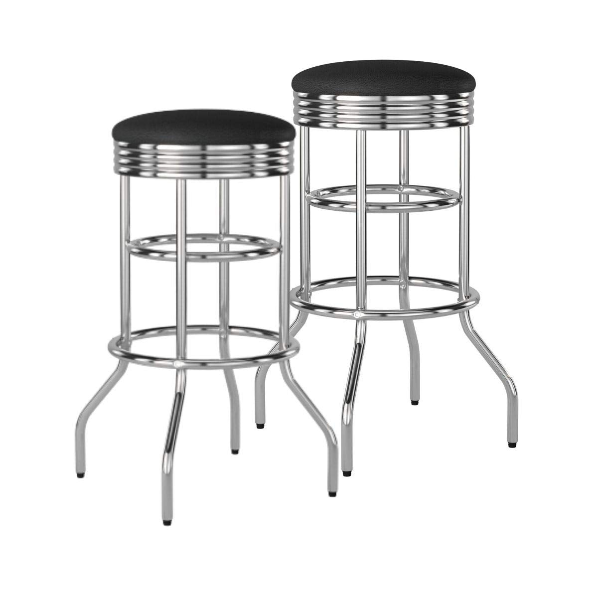 TRINITY Heavy Duty 30-Inch Backless Swivel Bar Stool for Kitchen, Garage, or Workshop, Chrome Finish with Faux Leather Seat, 2 Pack, Black