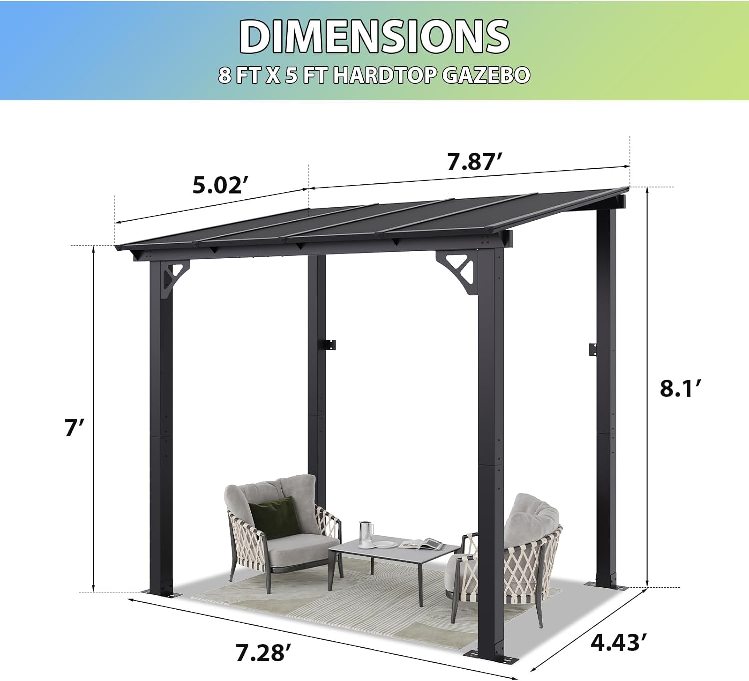 Aoxun 8’x 5’ Premium Gazebo with Aluminum Top Frame & Polycarbonate Panel, Wall Mounted Gazebos Pergola, Outdoor Patio Lean to Gazebo, Awnings with Sloped Roof, for Backyard, Porch, Deck