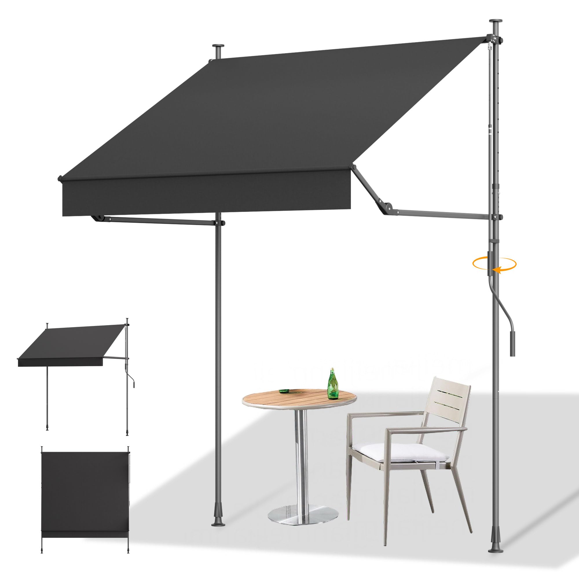 HOMEDEMO Manual Retractable Awning, 79" W x 118" H Retractable Side Bar 47-59", Outdoor Patio Awnings Height Adjustable 82-118", NO Drilling Awings for Backyard Garden Porch Outside Carbon Gray