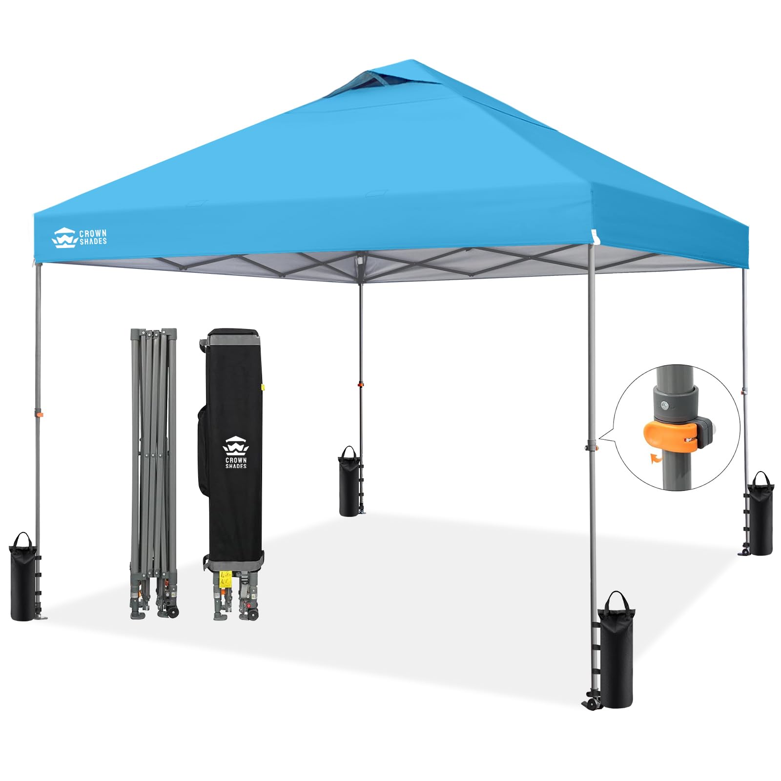 CROWN SHADES 8x8 Pop Up Canopy - Patented Center Lock One Push Instant Outdoor Canopy Beach Tent with STO-N-Go Bag 8 Stakes & 4 Sand Bags，White