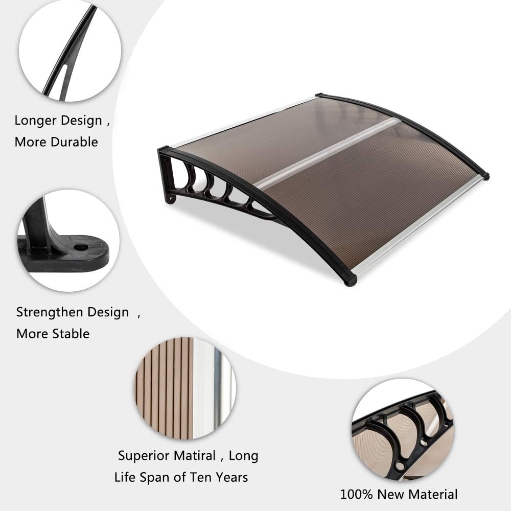 Outvita Window Awnings for Doors Canopy 40''x35.4'', Polycarbonate Cover Front Door Outdoor Patio Awning Canopy UV Rain Snow Sunlight Protection Hollow Sheet, Brown Board & Black Bracket, AL-YP-0338