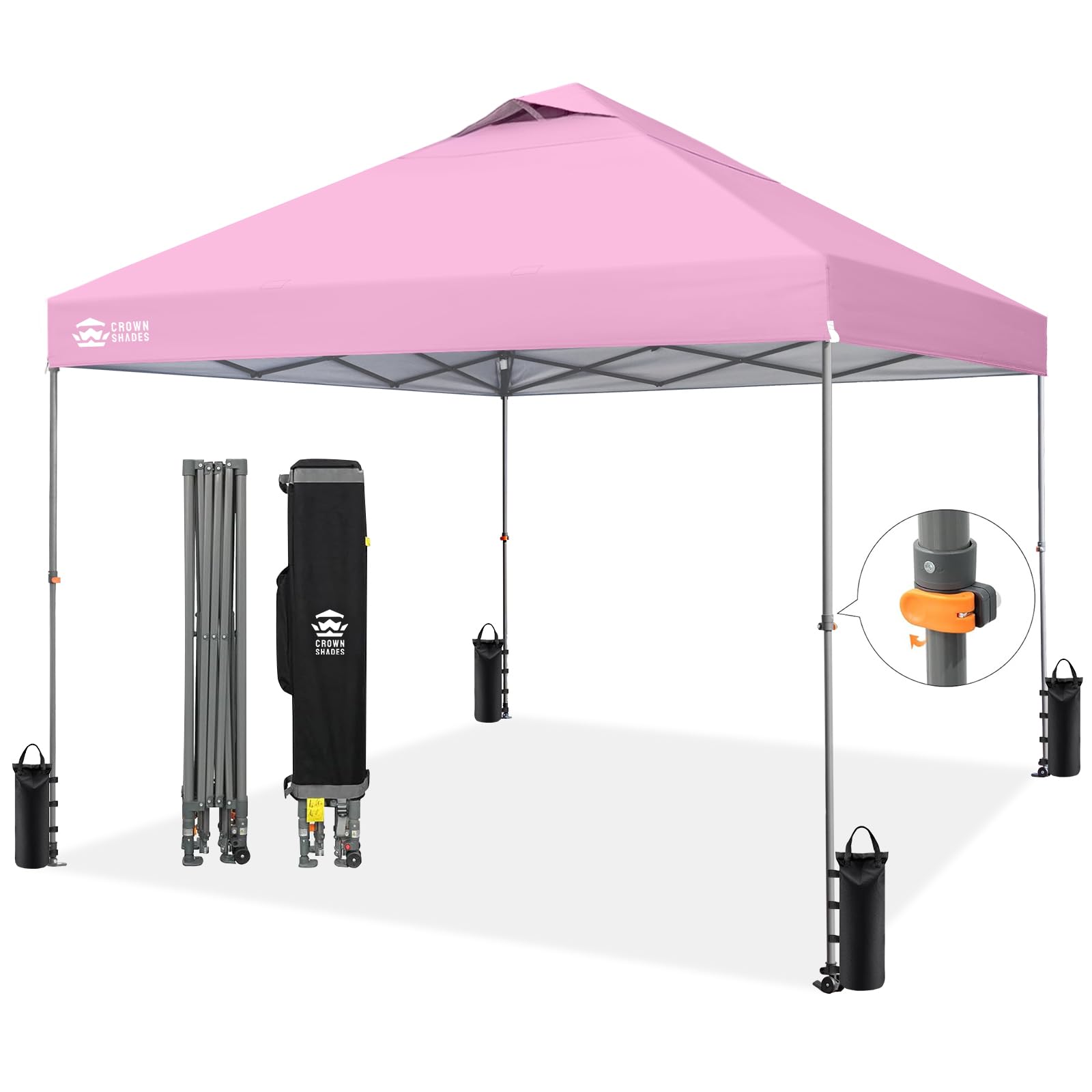 CROWN SHADES 8x8 Pop Up Canopy - Patented Center Lock One Push Instant Outdoor Canopy Beach Tent with STO-N-Go Bag 8 Stakes & 4 Sand Bags，White