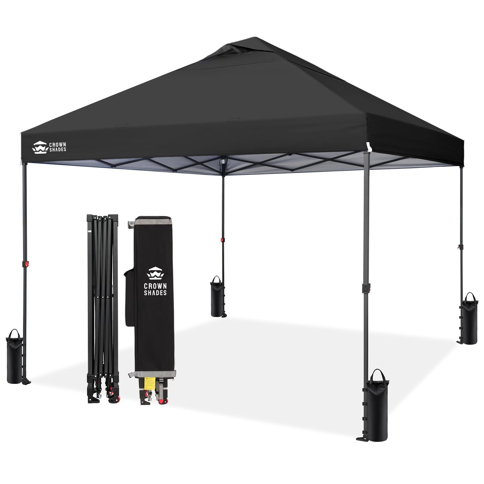 CROWN SHADES 8x8 Pop Up Canopy - Patented Center Lock One Push Instant Outdoor Canopy Beach Tent with STO-N-Go Bag 8 Stakes & 4 Sand Bags，White