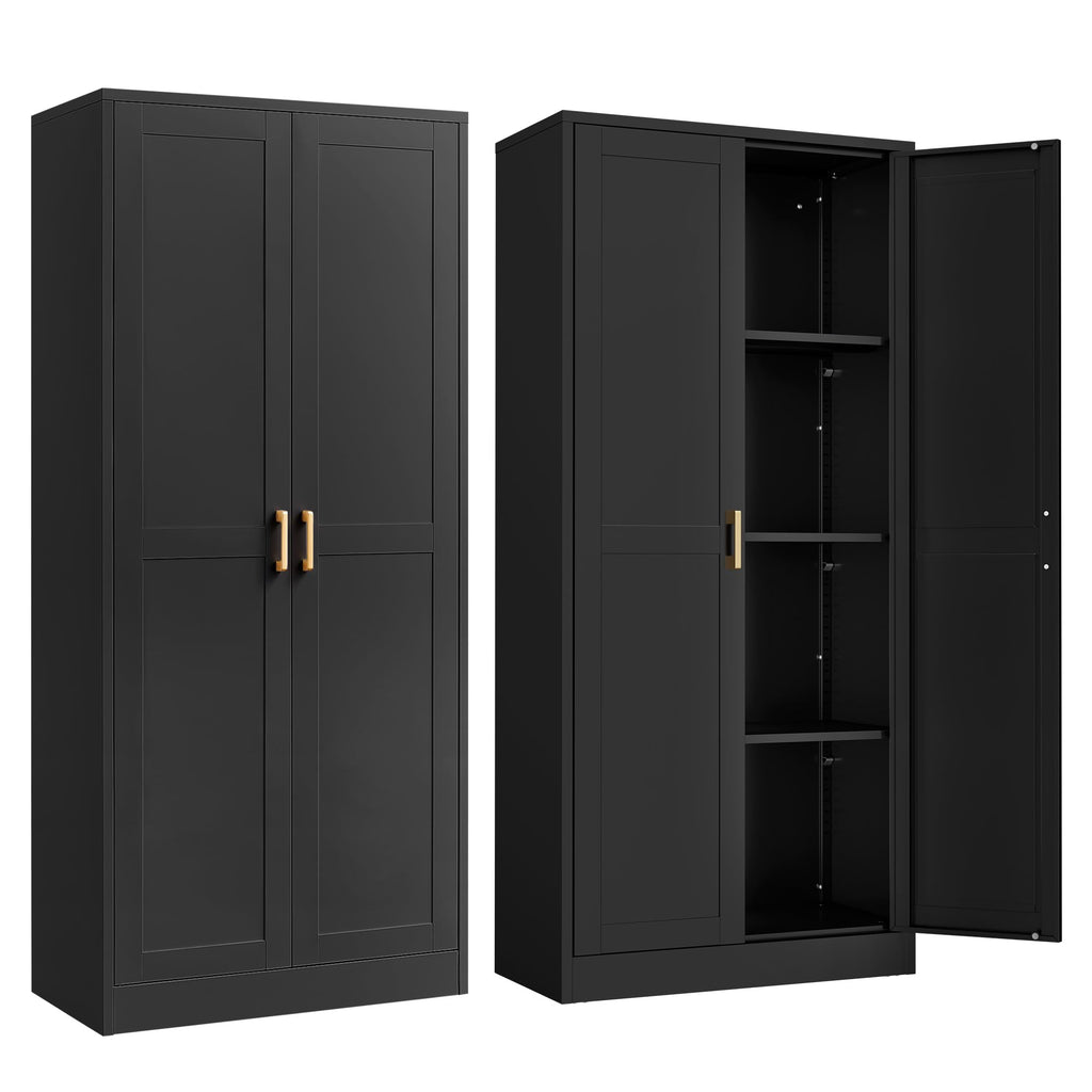 SteeLoong Kitchen Pantry Cabinet,71”Black Metal Pantry Storage Cabinet with Doors and 4 Adjustable Shelves,Kitchen Cabinet with 2 Gold Handles,Tall Cabinet for Livingroom,Pantry, Bathroom