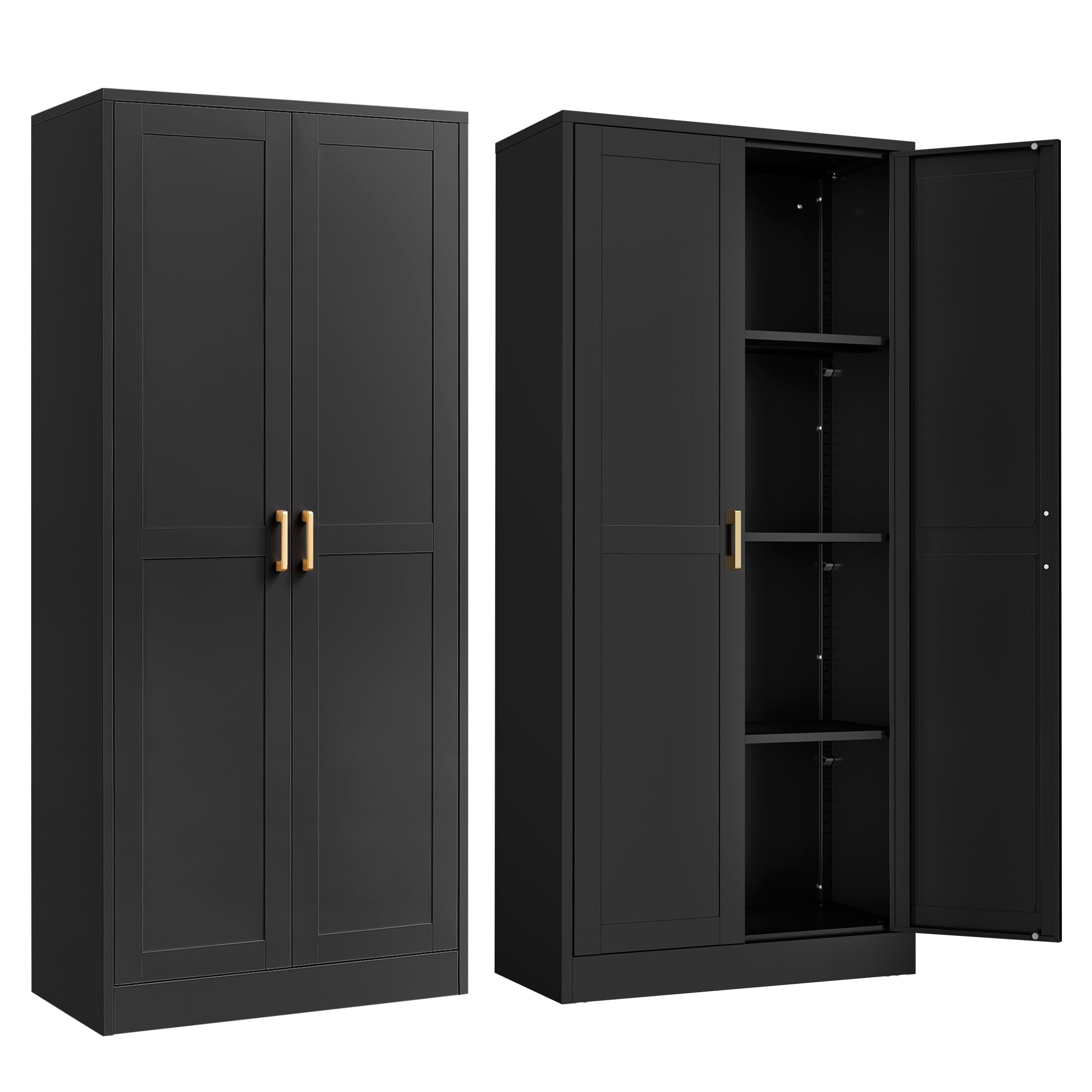 SteeLoong Kitchen Pantry Cabinet,71”Black Metal Pantry Storage Cabinet with Doors and 4 Adjustable Shelves,Kitchen Cabinet with 2 Gold Handles,Tall Cabinet for Livingroom,Pantry, Bathroom