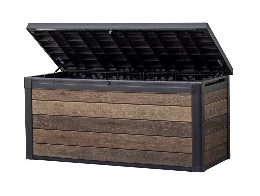 Keter Signature Everwood 30 Gallon Resin Outdoor Storage Box and Patio Furniture Side Table for Pool and Garden Accessories, Walnut