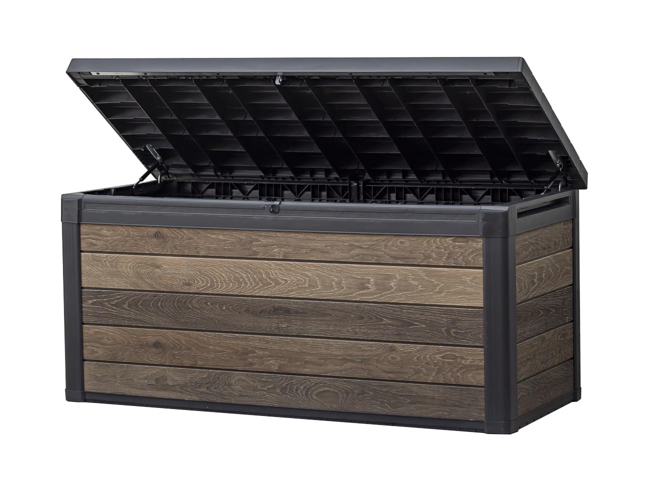 Keter Signature Everwood 30 Gallon Resin Outdoor Storage Box and Patio Furniture Side Table for Pool and Garden Accessories, Walnut