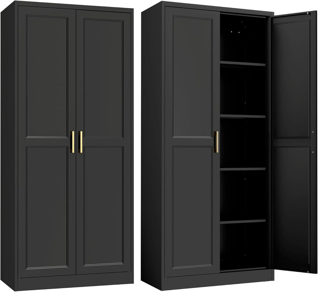 SteeLoong Kitchen Pantry Cabinet,71”Black Metal Pantry Storage Cabinet with Doors and 4 Adjustable Shelves,Kitchen Cabinet with 2 Gold Handles,Tall Cabinet for Livingroom,Pantry, Bathroom