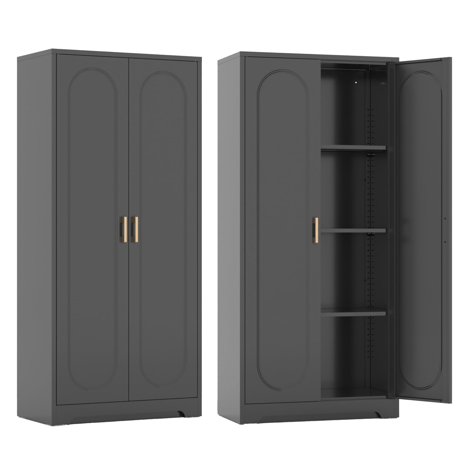SteeLoong Kitchen Pantry Cabinet,71”Black Metal Pantry Storage Cabinet with Doors and 4 Adjustable Shelves,Kitchen Cabinet with 2 Gold Handles,Tall Cabinet for Livingroom,Pantry, Bathroom