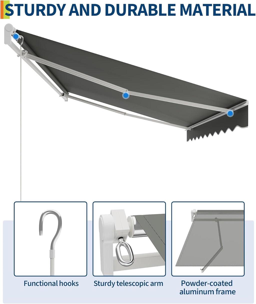 GarveeLife 13'x10' Retractable Awning, Waterproof Patio Awning, Sun Shade Awning with Manual Crank Handle, Aluminum Frame, 280 g/㎡ Polyester Fabric, for Deck, Porch, Balcony, Grey