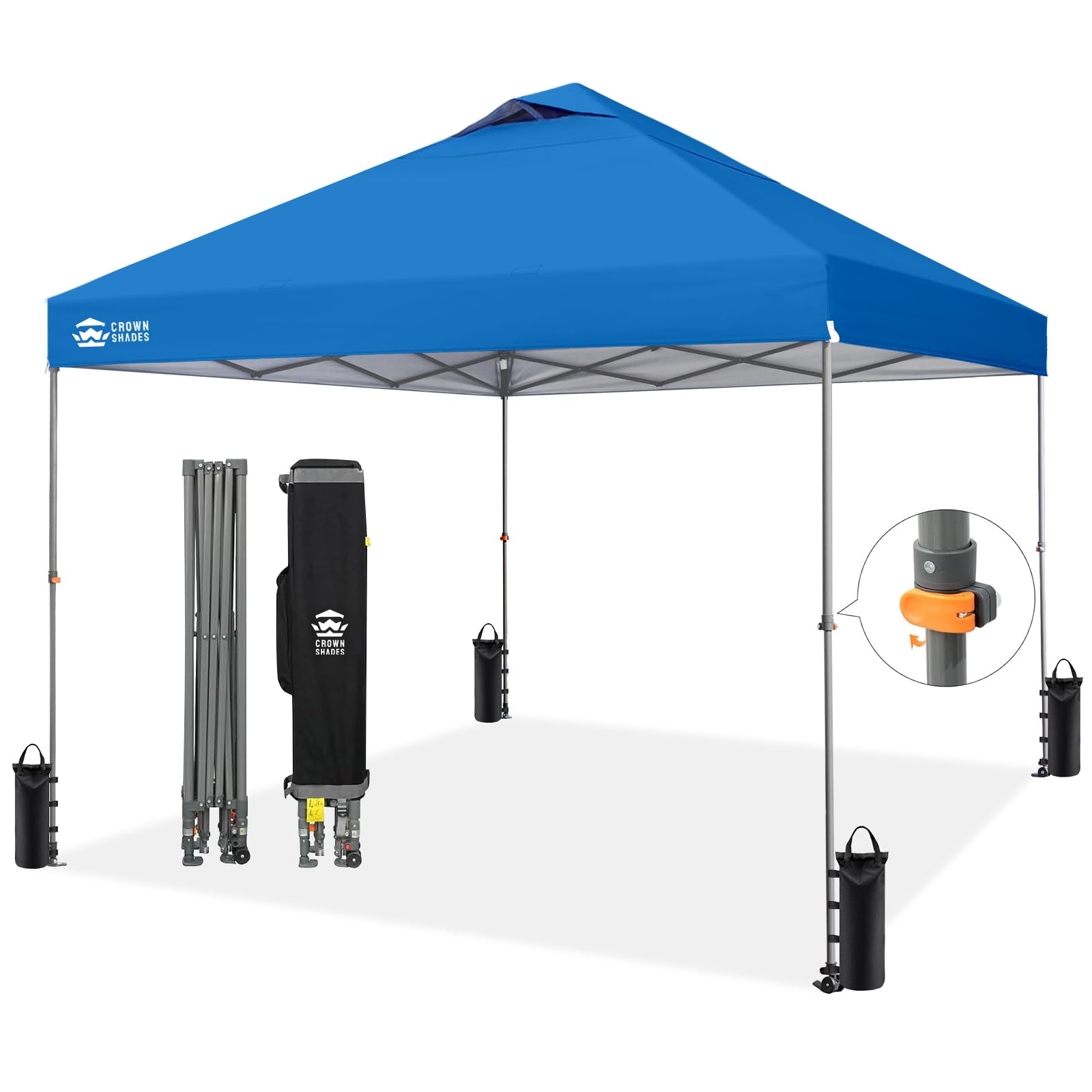 CROWN SHADES 8x8 Pop Up Canopy - Patented Center Lock One Push Instant Outdoor Canopy Beach Tent with STO-N-Go Bag 8 Stakes & 4 Sand Bags，White