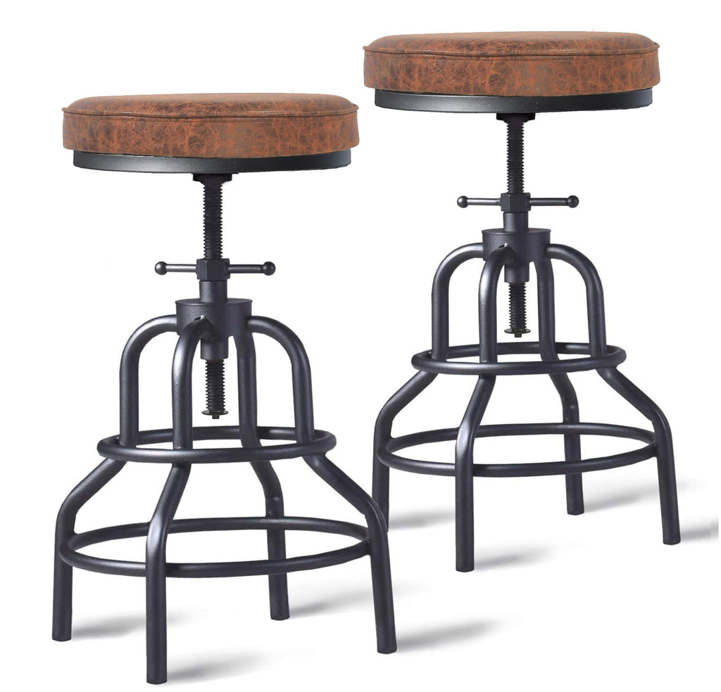 LOKKHAN Vintage Industrial Bar Stool-Rustic Swivel Barstools-Round Wood Metal Base-Kitchen Counter Height Adjustable Pipe Stool-Cast Steel Chairs 20-27 Inch (Set of 2)
