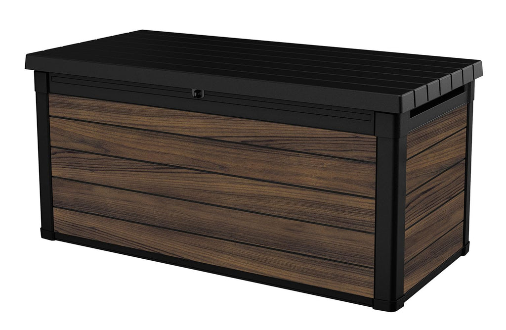 Keter Signature Everwood 30 Gallon Resin Outdoor Storage Box and Patio Furniture Side Table for Pool and Garden Accessories, Walnut