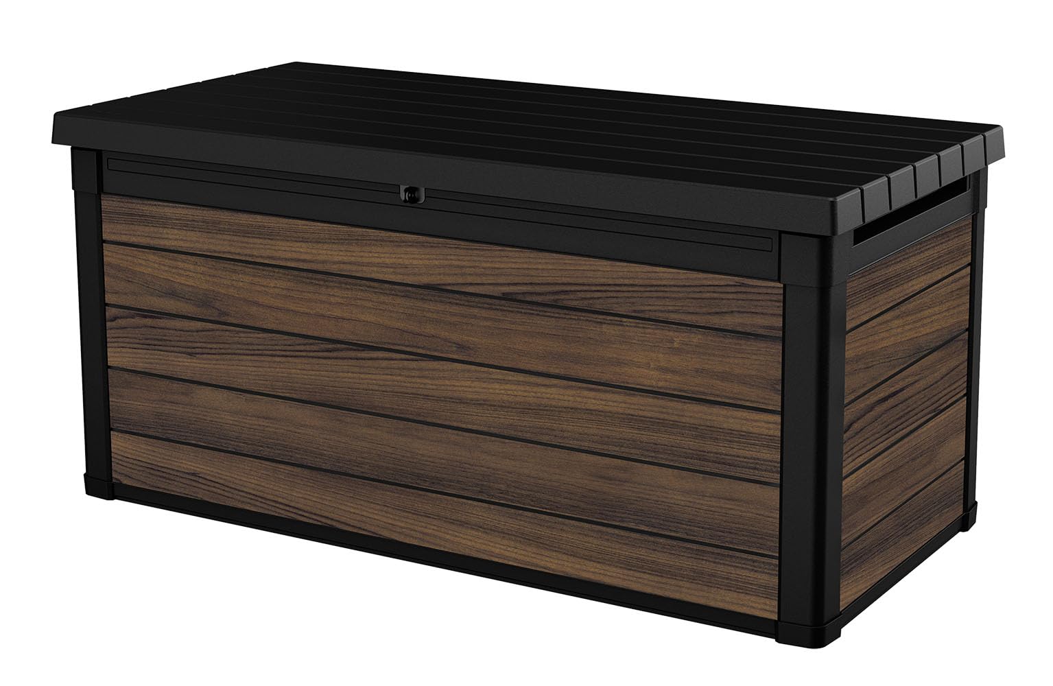 Keter Signature Everwood 30 Gallon Resin Outdoor Storage Box and Patio Furniture Side Table for Pool and Garden Accessories, Walnut