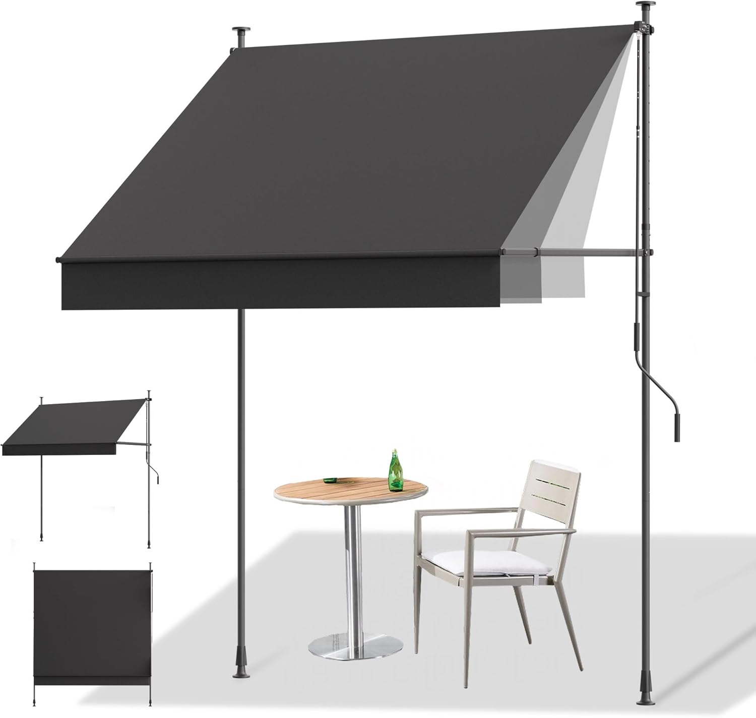 HOMEDEMO Manual Retractable Awning, 79" W x 118" H Retractable Side Bar 47-59", Outdoor Patio Awnings Height Adjustable 82-118", NO Drilling Awings for Backyard Garden Porch Outside Carbon Gray