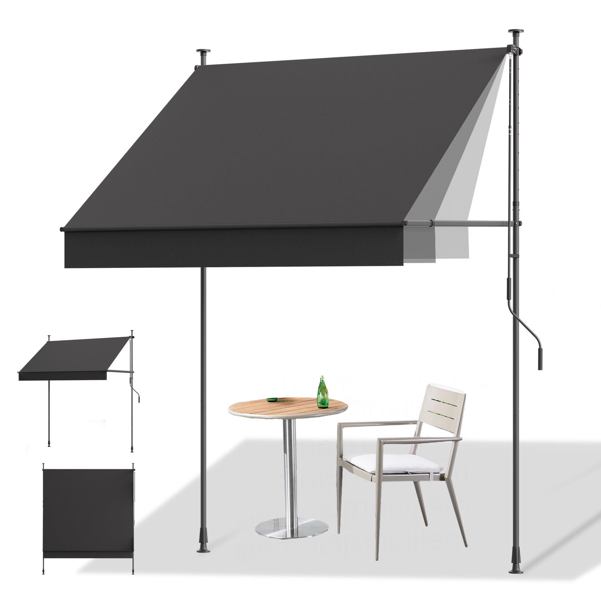 HOMEDEMO Manual Retractable Awning, 79" W x 118" H Retractable Side Bar 47-59", Outdoor Patio Awnings Height Adjustable 82-118", NO Drilling Awings for Backyard Garden Porch Outside Carbon Gray