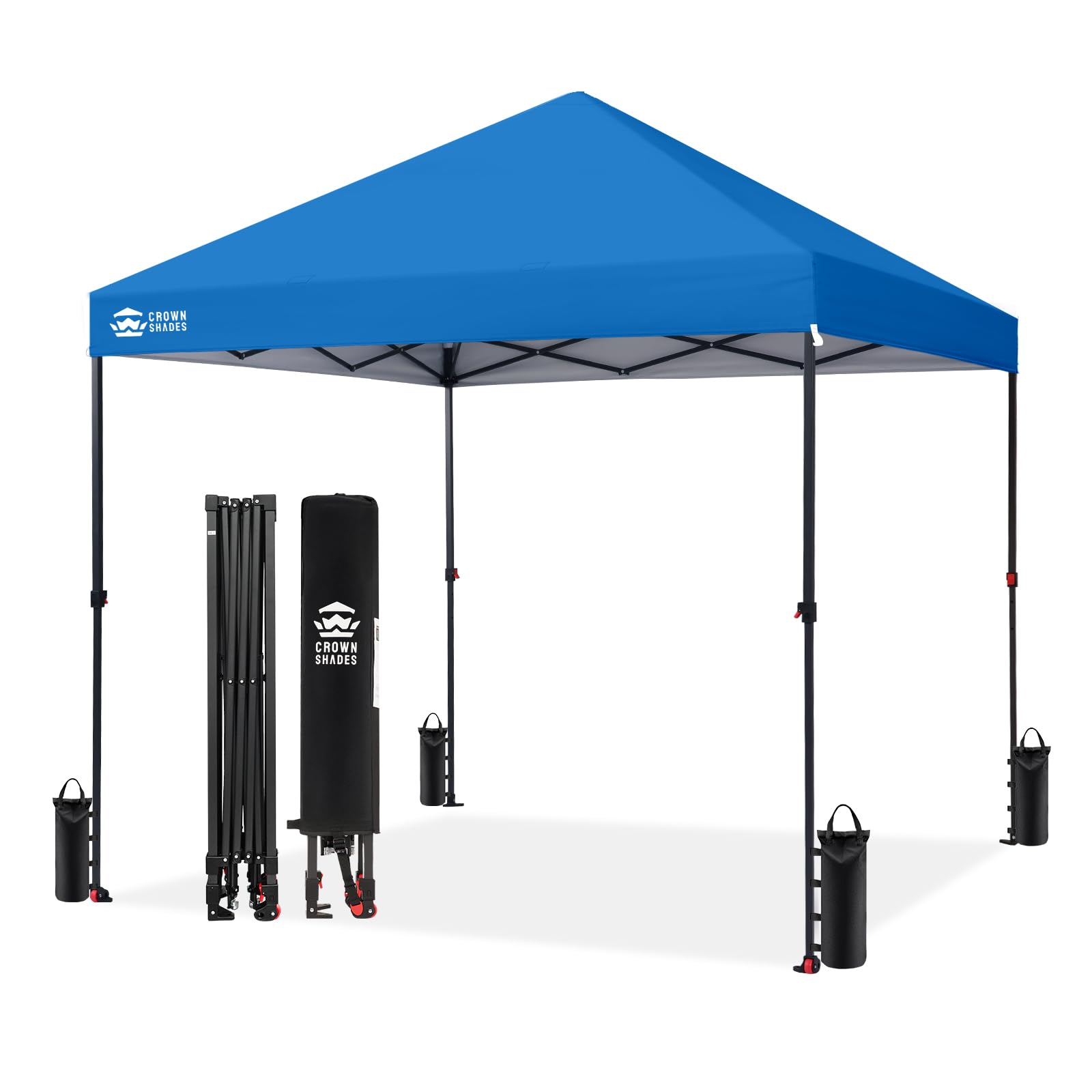 CROWN SHADES 8x8 Pop Up Canopy - Patented Center Lock One Push Instant Outdoor Canopy Beach Tent with STO-N-Go Bag 8 Stakes & 4 Sand Bags，White