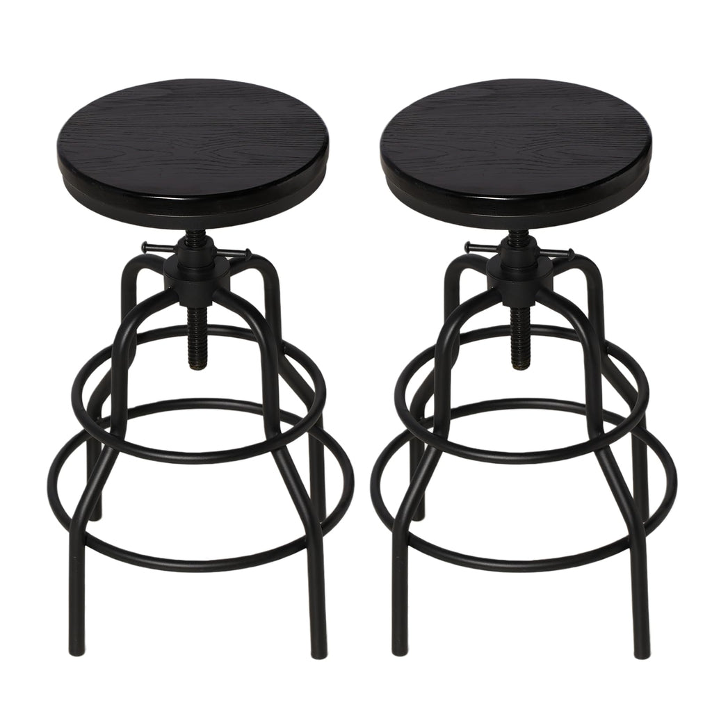 LOKKHAN Vintage Industrial Bar Stool-Rustic Swivel Barstools-Round Wood Metal Base-Kitchen Counter Height Adjustable Pipe Stool-Cast Steel Chairs 20-27 Inch (Set of 2)