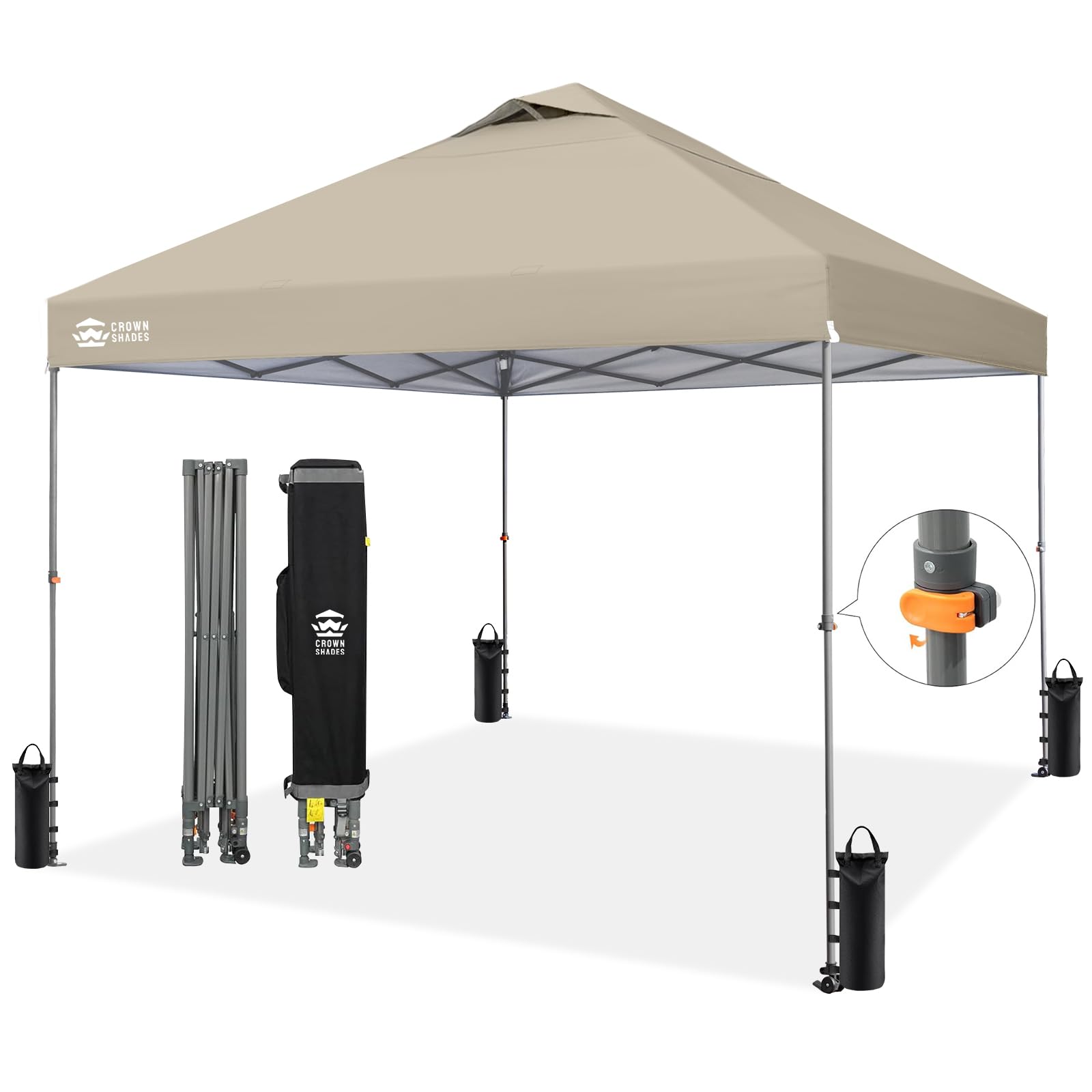 CROWN SHADES 8x8 Pop Up Canopy - Patented Center Lock One Push Instant Outdoor Canopy Beach Tent with STO-N-Go Bag 8 Stakes & 4 Sand Bags，White