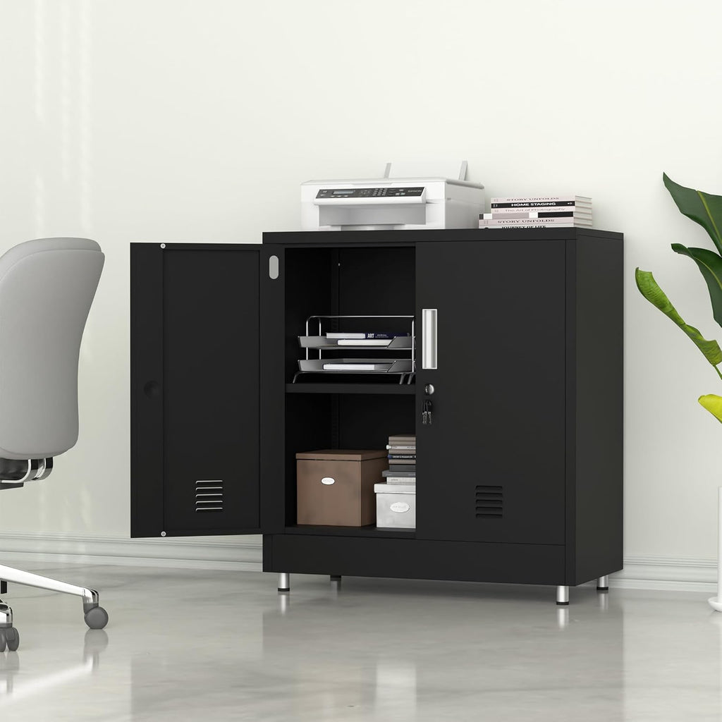Metal Storage Cabinet with Locking Doors and Adjustable Shelf, Small Lockable Sideboard Buffet Cabinet for Home, Office, Entryway, Hallway, Living Room, Kitchen and Dining Room (Black)
