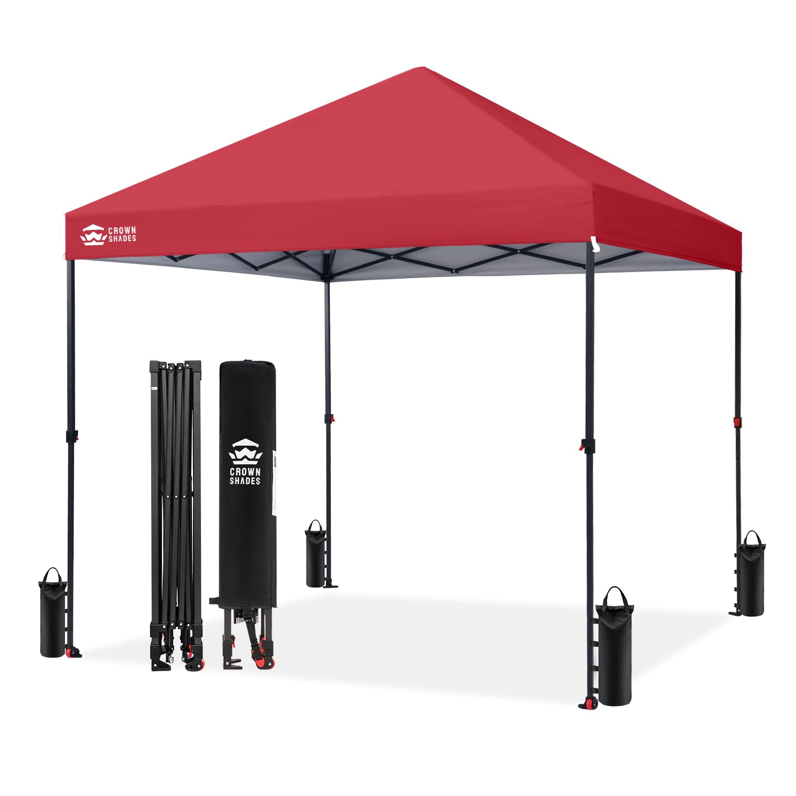 CROWN SHADES 8x8 Pop Up Canopy - Patented Center Lock One Push Instant Outdoor Canopy Beach Tent with STO-N-Go Bag 8 Stakes & 4 Sand Bags，White