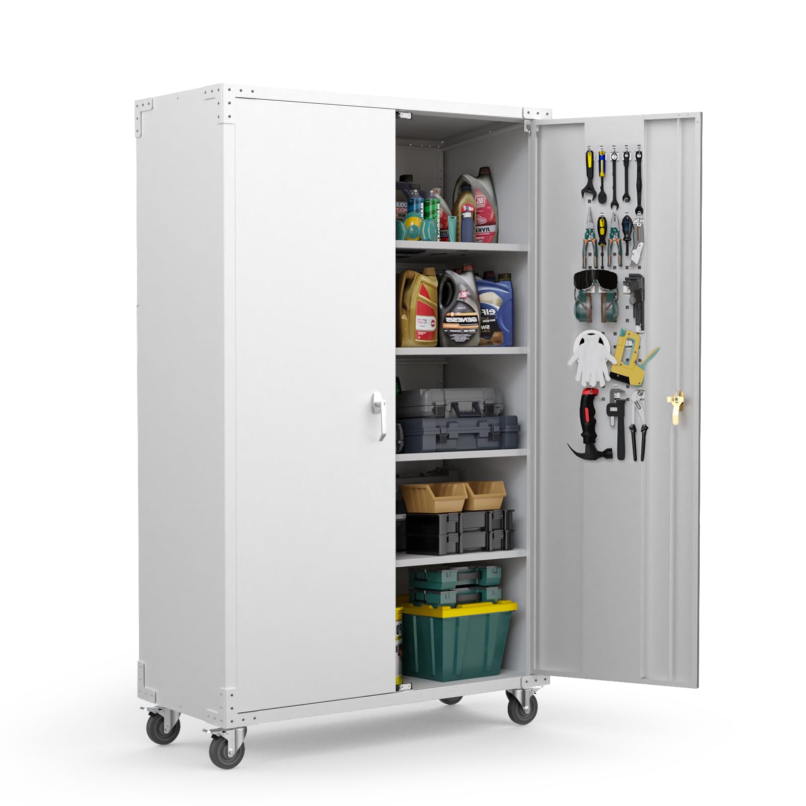 VINGLI Large Metal Storage Cabinet with 2 Doors and 5 Adjustable Shelves, Upgraded Height & Wide & Deep, 43''W x 20''D x 72''H, Oversized Garage Storage Cabinet with Wheels and Locks (Black)
