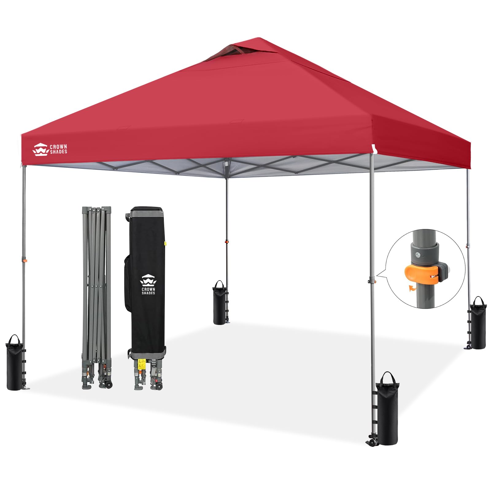 CROWN SHADES 8x8 Pop Up Canopy - Patented Center Lock One Push Instant Outdoor Canopy Beach Tent with STO-N-Go Bag 8 Stakes & 4 Sand Bags，White
