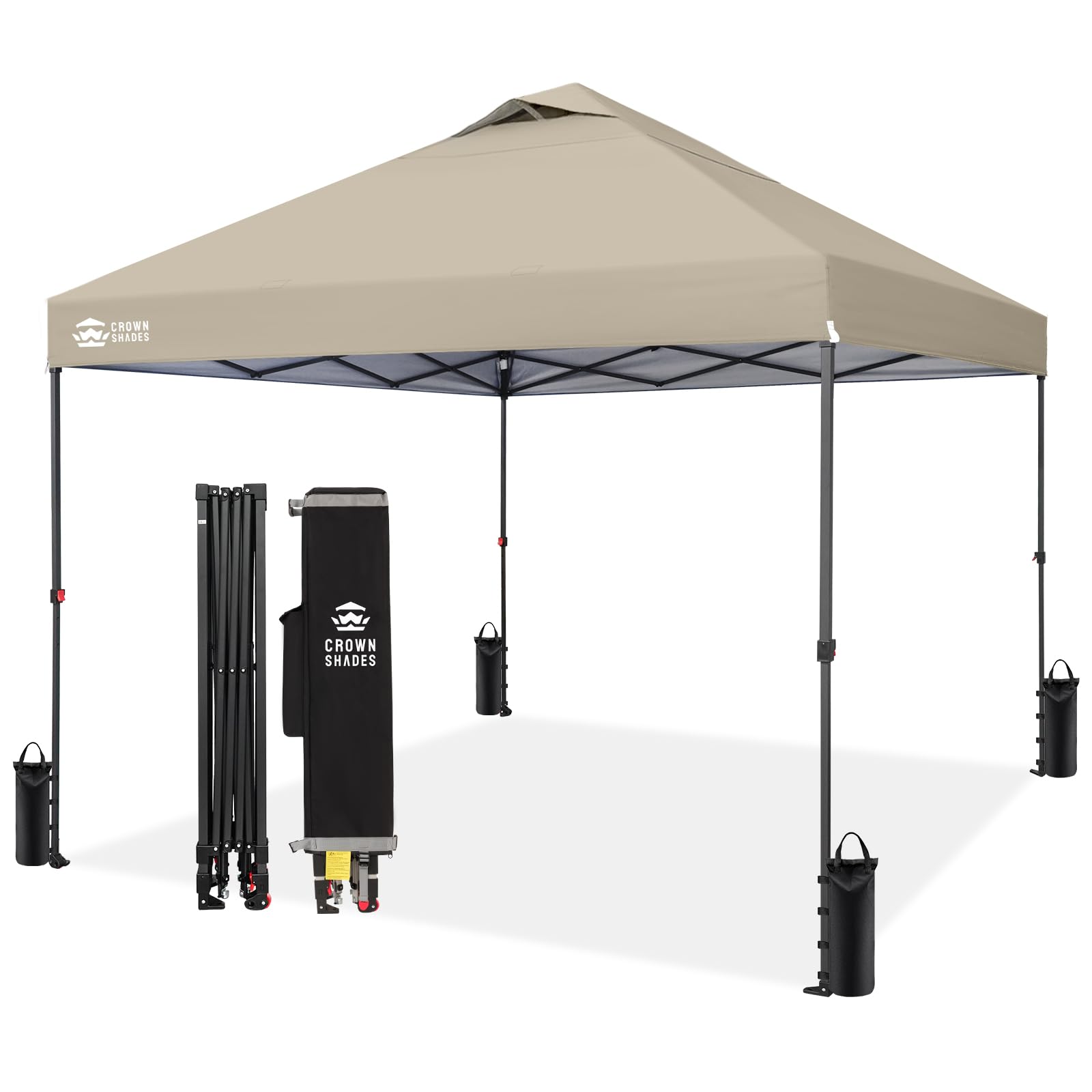 CROWN SHADES 8x8 Pop Up Canopy - Patented Center Lock One Push Instant Outdoor Canopy Beach Tent with STO-N-Go Bag 8 Stakes & 4 Sand Bags，White
