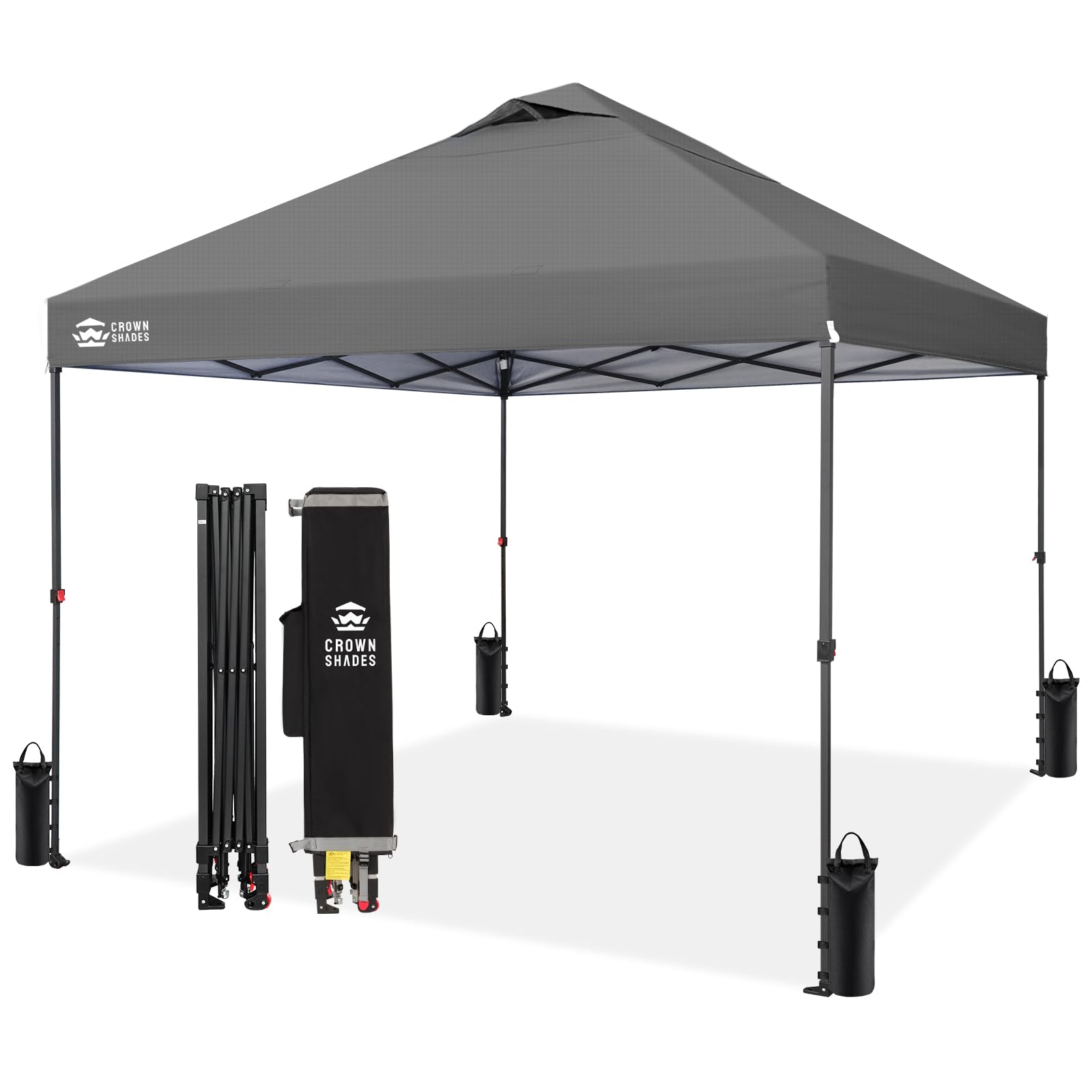 CROWN SHADES 8x8 Pop Up Canopy - Patented Center Lock One Push Instant Outdoor Canopy Beach Tent with STO-N-Go Bag 8 Stakes & 4 Sand Bags，White