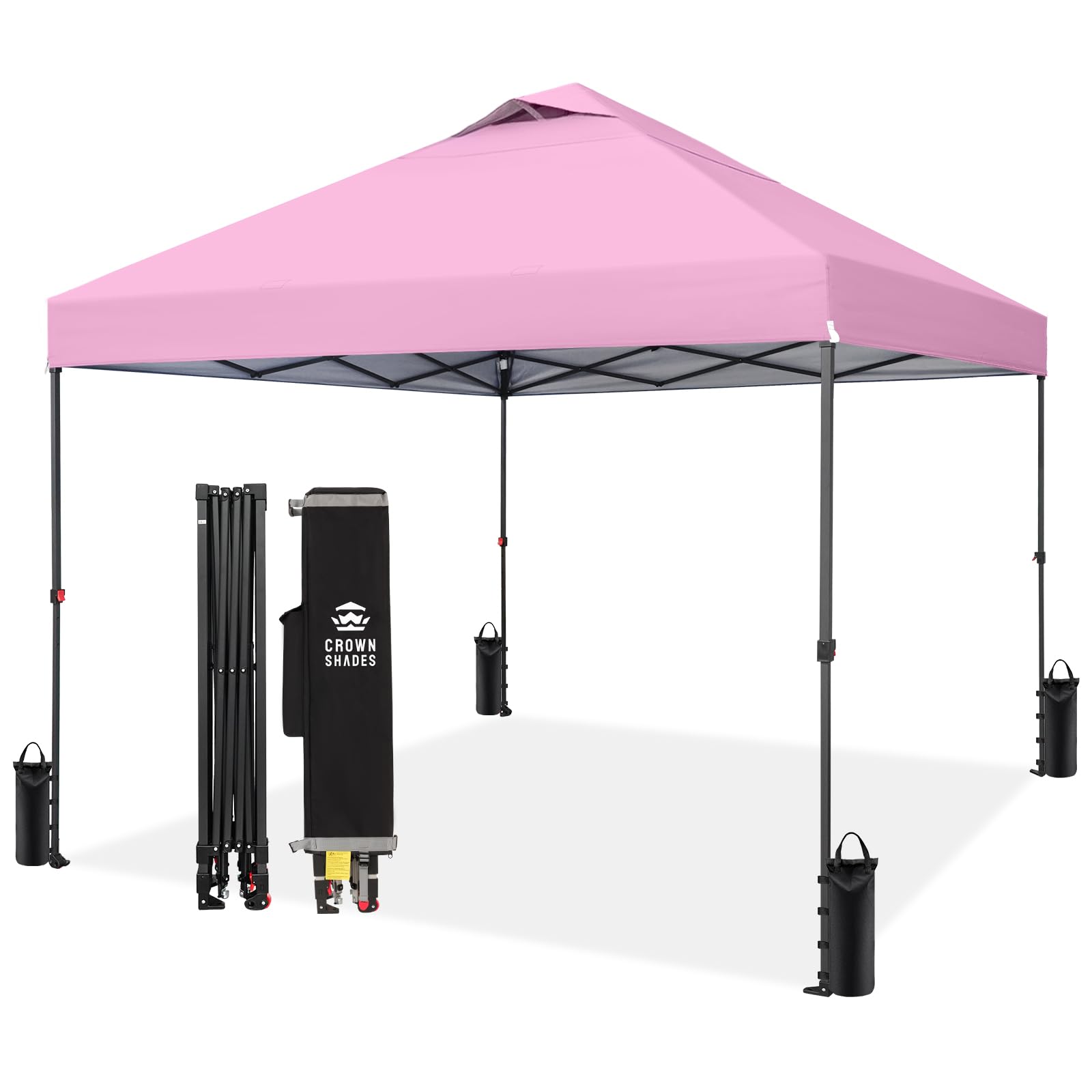 CROWN SHADES 8x8 Pop Up Canopy - Patented Center Lock One Push Instant Outdoor Canopy Beach Tent with STO-N-Go Bag 8 Stakes & 4 Sand Bags，White