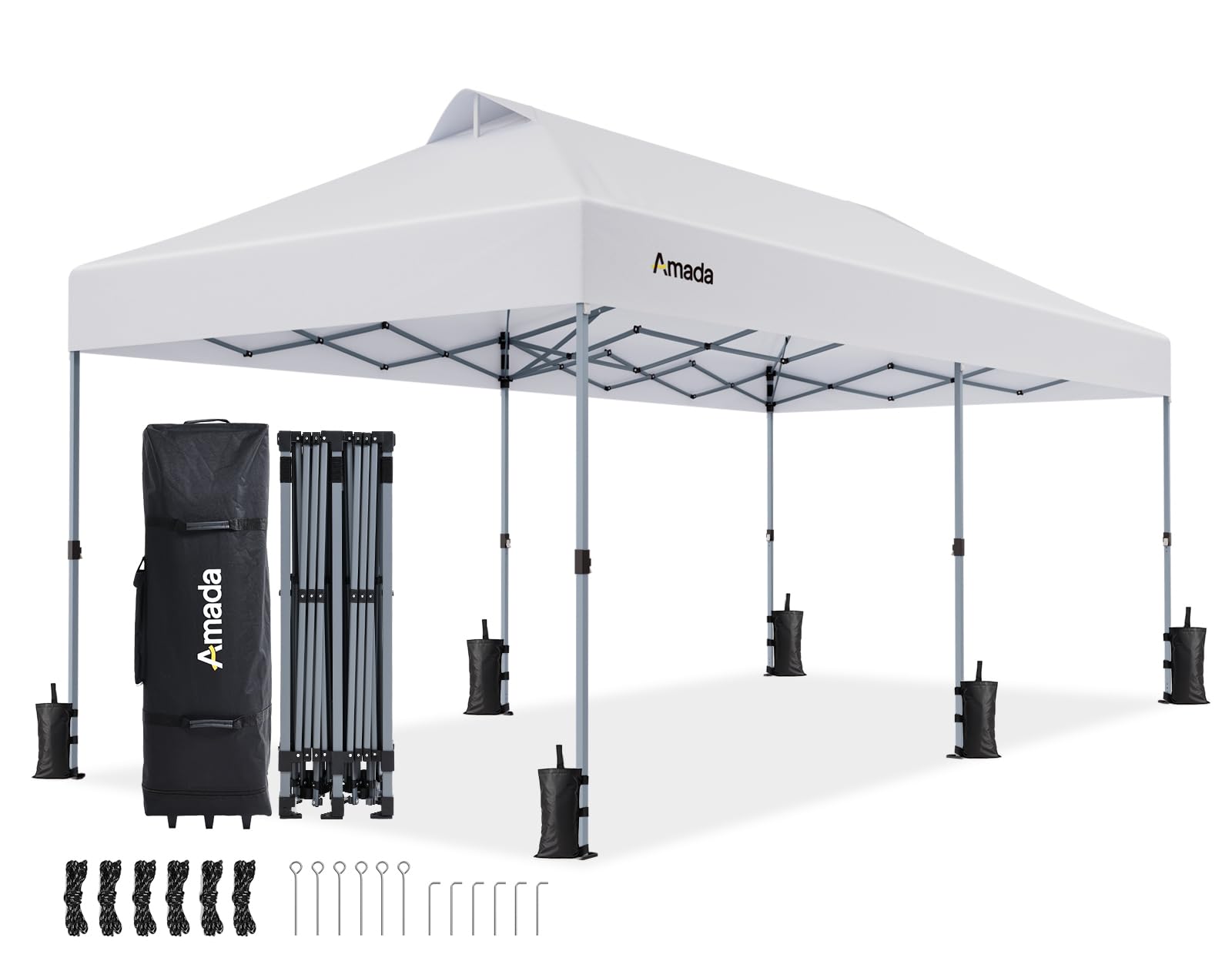 Amada 10x10 Pop Up Canopy Tent, 1-Button Push Easy-up Outdoor Canopy Beach Tent with 3-Height Adjustable Waterproof Shade Shelter, Wheeled STO-N-Go Bag 8 Stakes, 4 SandBags (Khaki)