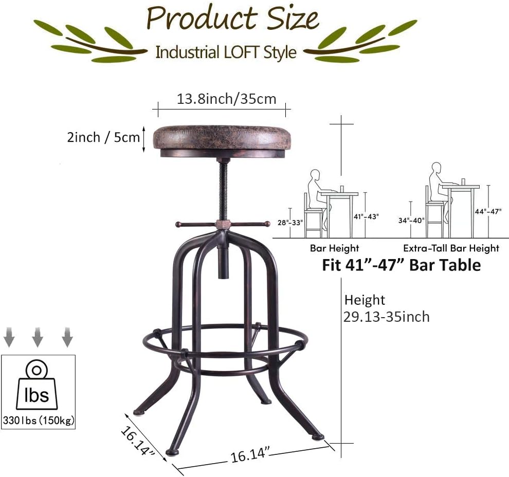 LOKKHAN Set of 2 Industrial Bar Stool-Adjustable Swivel Vintage Pu Leather Bar Stool-Rustic Bar Stool with Cushion-Cast Iron Stool-Coffee Kitchen Stool-Extra Tall Pub Height 29-35 Inch,Fully Welded