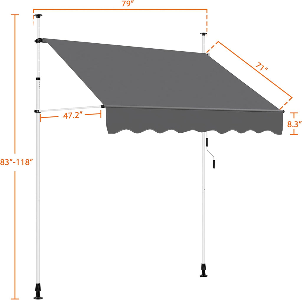 Yaheetech Manual Retractable Awning, 78"×118" Outdoor Sunshade Shelter Angle & Height Adjustable NO Drilling Patio Door Window Awnings, Canopy with UV Protection for Backyard, Dark Gray