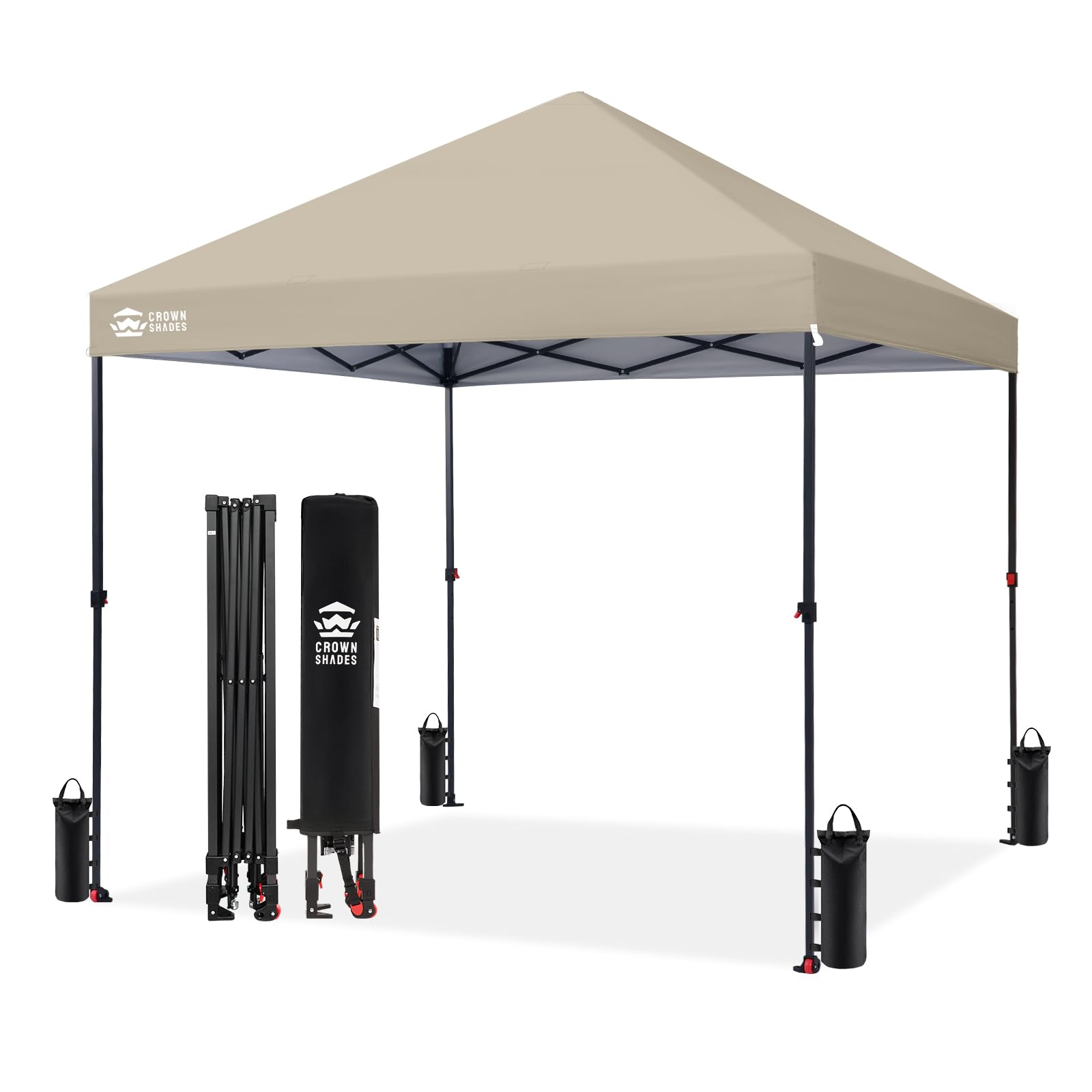 CROWN SHADES 8x8 Pop Up Canopy - Patented Center Lock One Push Instant Outdoor Canopy Beach Tent with STO-N-Go Bag 8 Stakes & 4 Sand Bags，White