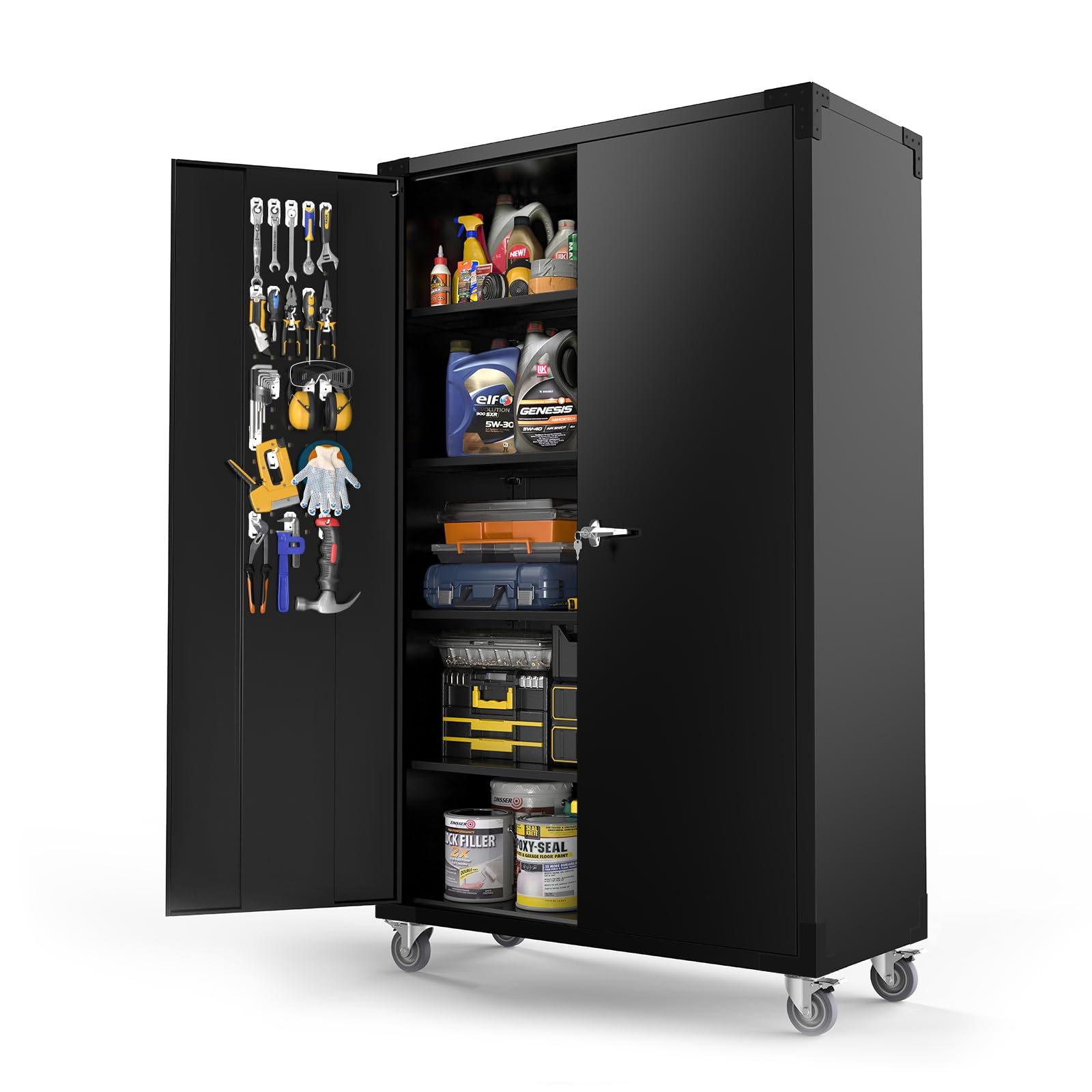 VINGLI Large Metal Storage Cabinet with 2 Doors and 5 Adjustable Shelves, Upgraded Height & Wide & Deep, 43''W x 20''D x 72''H, Oversized Garage Storage Cabinet with Wheels and Locks (Black)